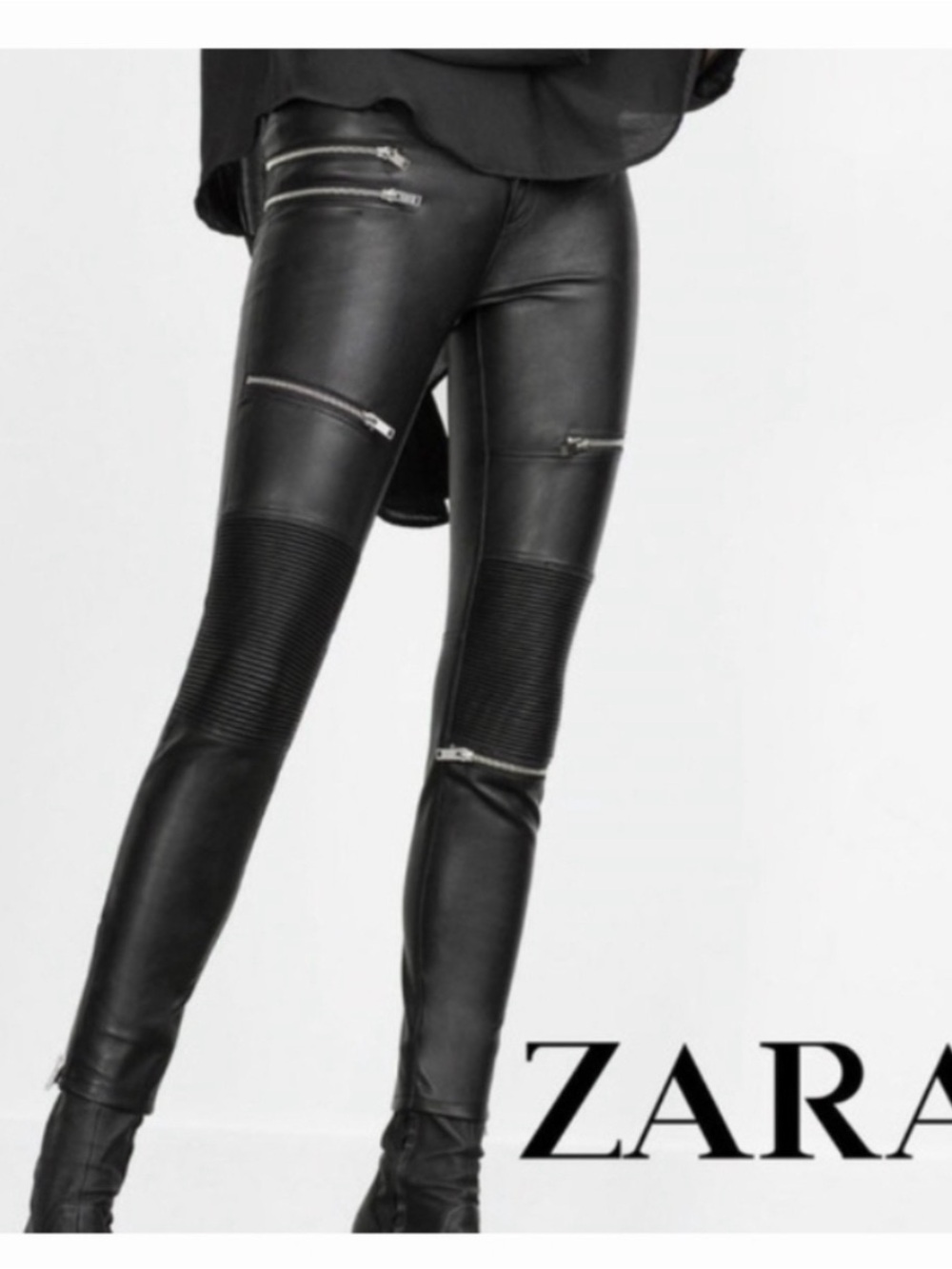 Zara Black Faux Leather Moto Skinny Leggings with Zip Detail